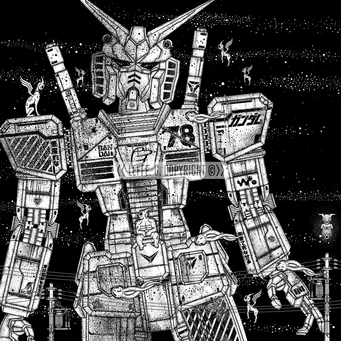 Dreaming Demons: Gundam 78-2, Gundam, Kuro Neko Yamato, Shipping crane Giclée print by Leffe Goldstein. アートプリント。